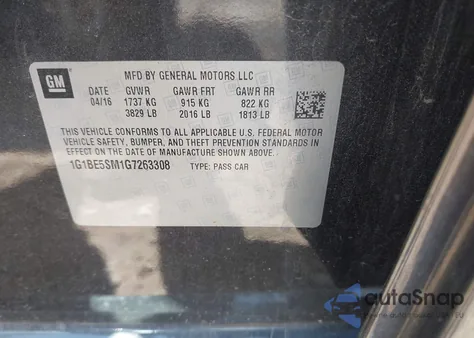 2016 Chevrolet Cruze Lt Auto from USA, damaged, VIN 1G1BE5SM1G7263308